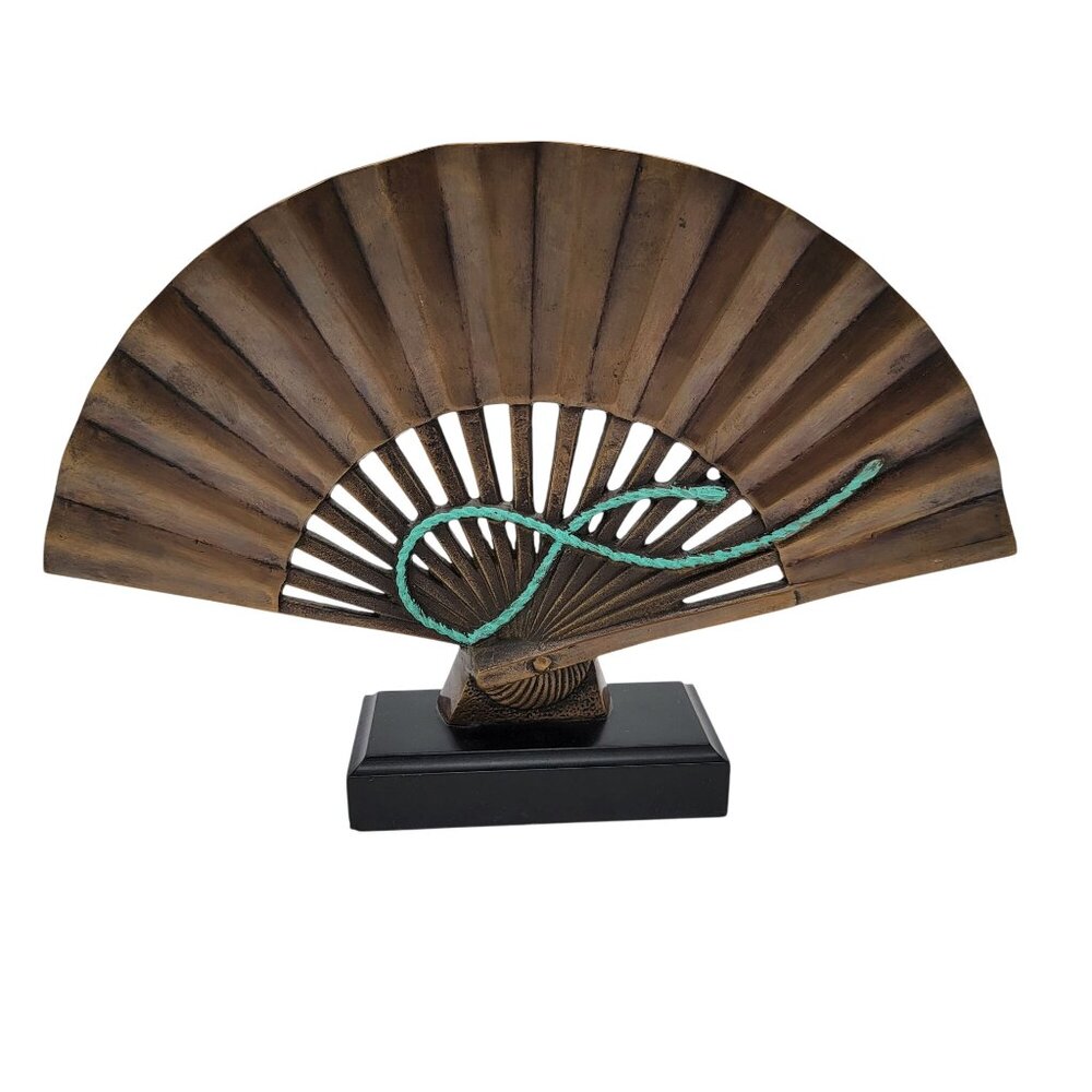 Vintage Solid Brass Asian Fan on Wood Stand